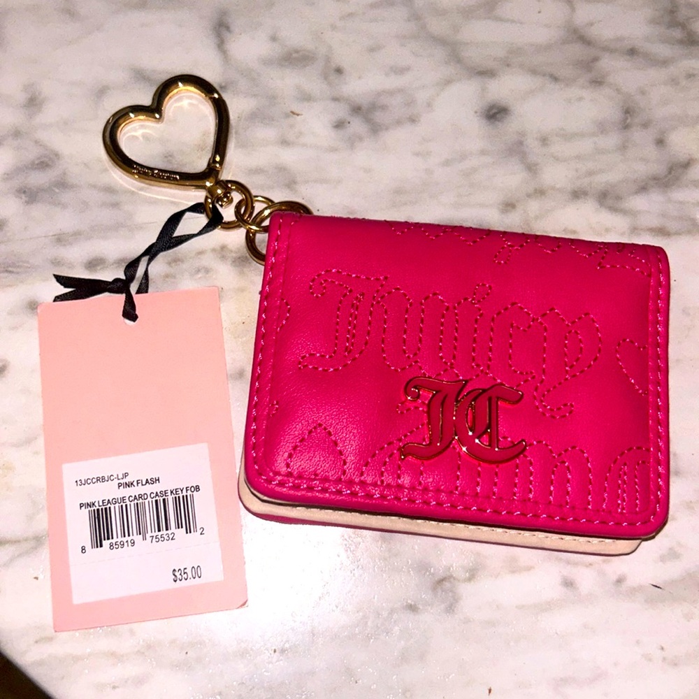 Juicy Couture Pink Card Case with Gold Heart Keychain